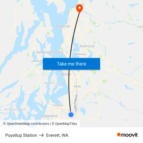 Puyallup Station to Everett, WA map