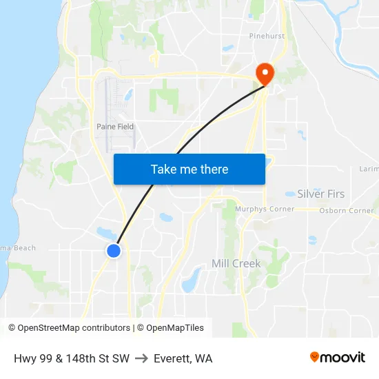 Hwy 99 & 148th St SW to Everett, WA map