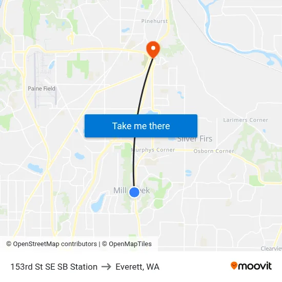 153rd St SE SB Station to Everett, WA map