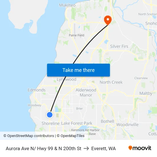 Aurora Ave N/ Hwy 99 & N 200th St to Everett, WA map