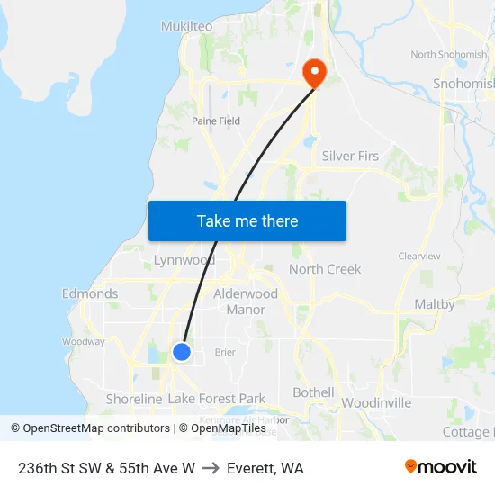 236th St SW & 55th Ave W to Everett, WA map