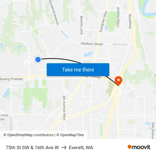 75th St SW & 16th Ave W to Everett, WA map