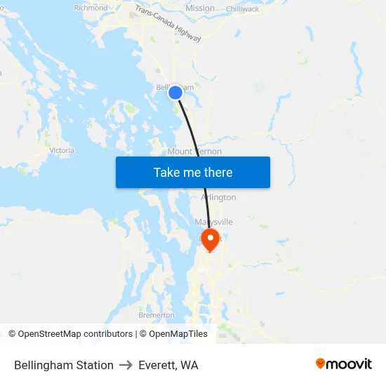 Bellingham Station to Everett, WA map