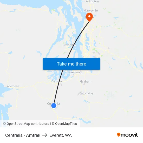 Centralia - Amtrak to Everett, WA map