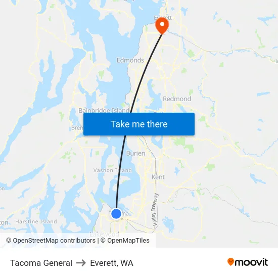 Tacoma General to Everett, WA map