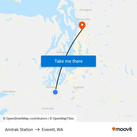 Amtrak Station to Everett, WA map