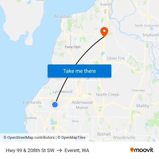 Hwy 99 & 208th St SW to Everett, WA map