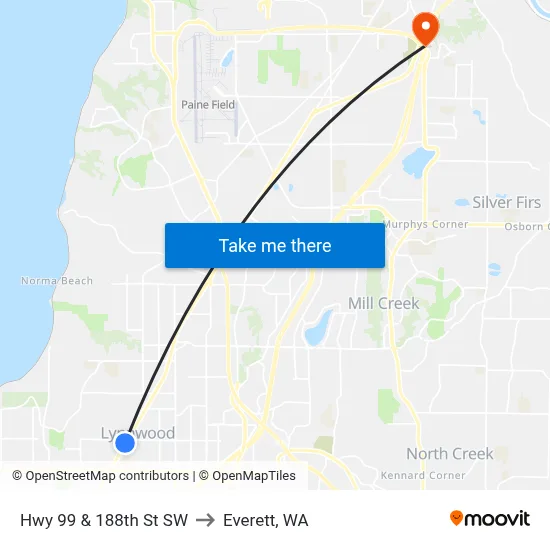 Hwy 99 & 188th St SW to Everett, WA map