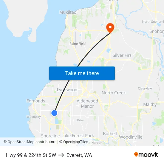 Hwy 99 & 224th St SW to Everett, WA map