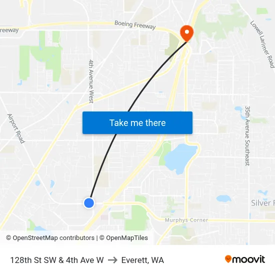 128th St SW & 4th Ave W to Everett, WA map