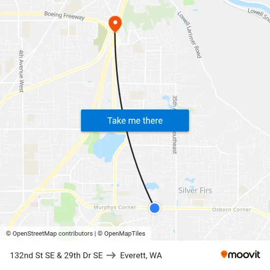 132nd St SE & 29th Dr SE to Everett, WA map