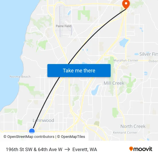 196th St SW & 64th Ave W to Everett, WA map
