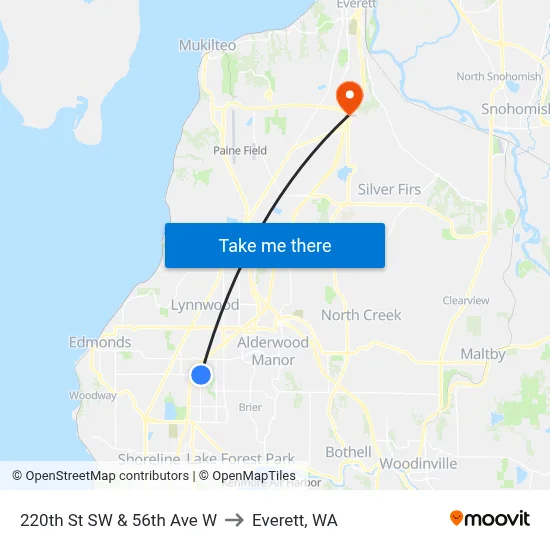 220th St SW & 56th Ave W to Everett, WA map