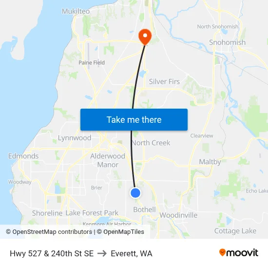 Hwy 527 & 240th St SE to Everett, WA map