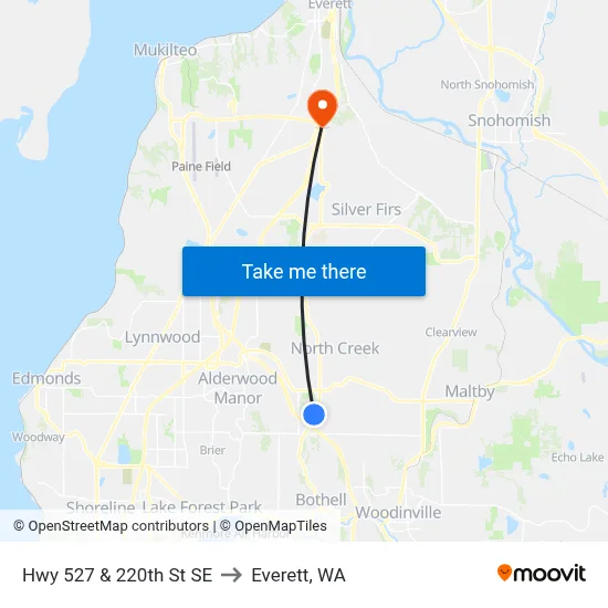 Hwy 527 & 220th St SE to Everett, WA map
