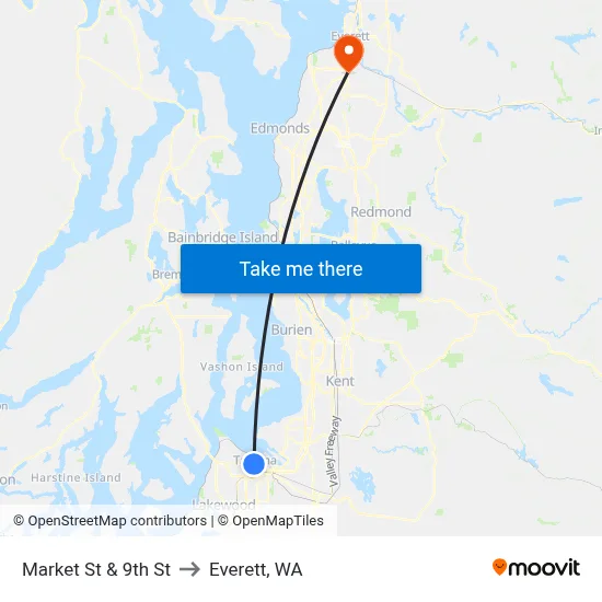 Market St & 9th St to Everett, WA map