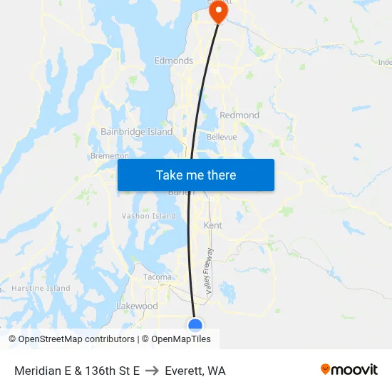 Meridian E & 136th St E to Everett, WA map