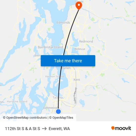 112th St S & A St  S to Everett, WA map