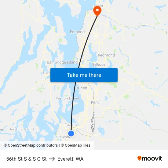 56th St S & S G St to Everett, WA map