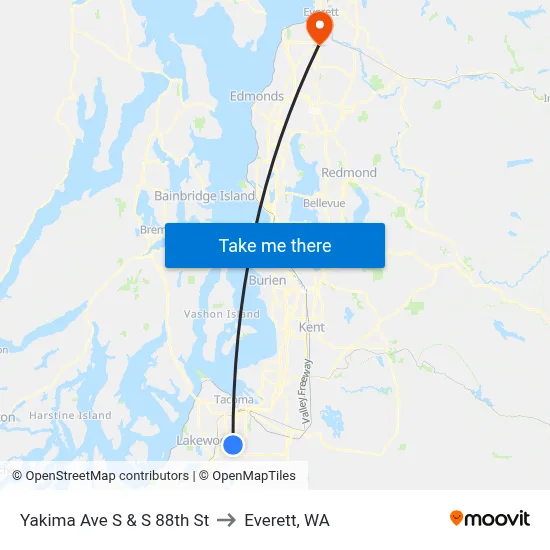 Yakima Ave S & S 88th St to Everett, WA map