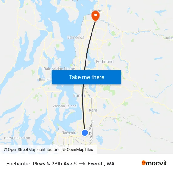 Enchanted Pkwy & 28th Ave S to Everett, WA map