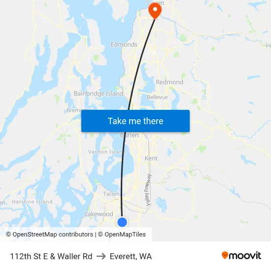 112th St E & Waller Rd to Everett, WA map