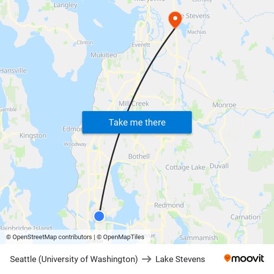 Seattle (University of Washington) to Lake Stevens map