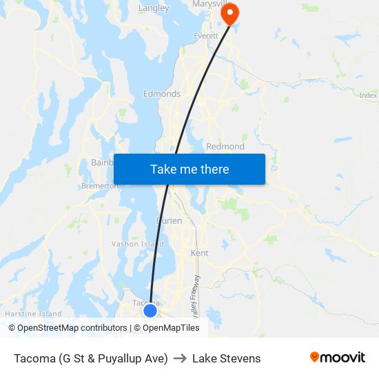 Tacoma (G St & Puyallup Ave) to Lake Stevens map