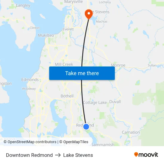 Downtown Redmond to Lake Stevens map