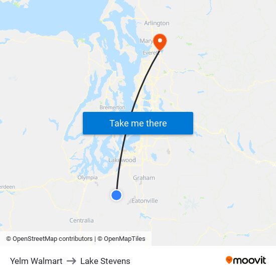 Yelm Walmart to Lake Stevens map