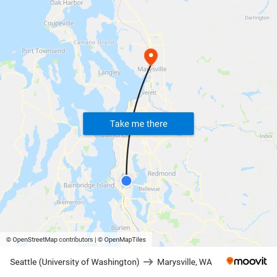 Seattle (University of Washington) to Marysville, WA map