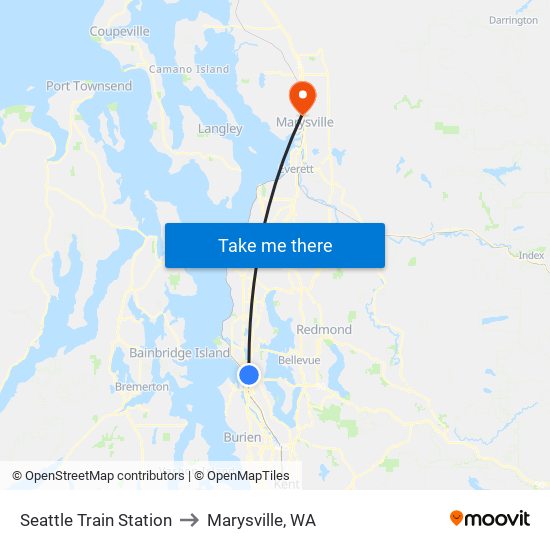 Seattle Train Station to Marysville, WA map