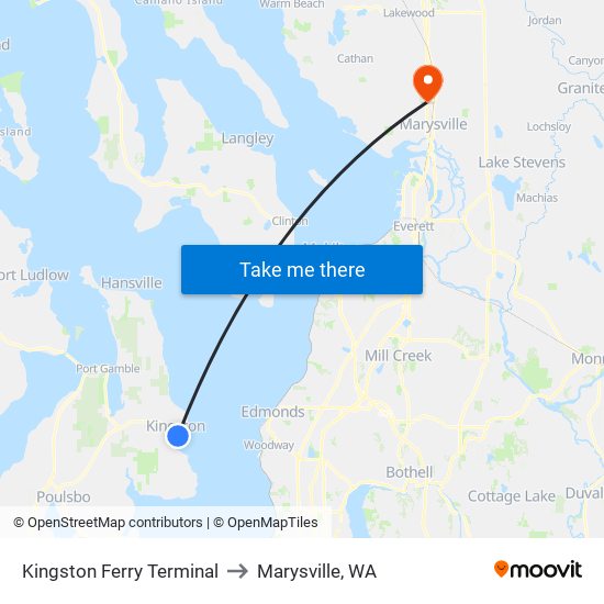 Kingston Ferry Terminal to Marysville, WA map