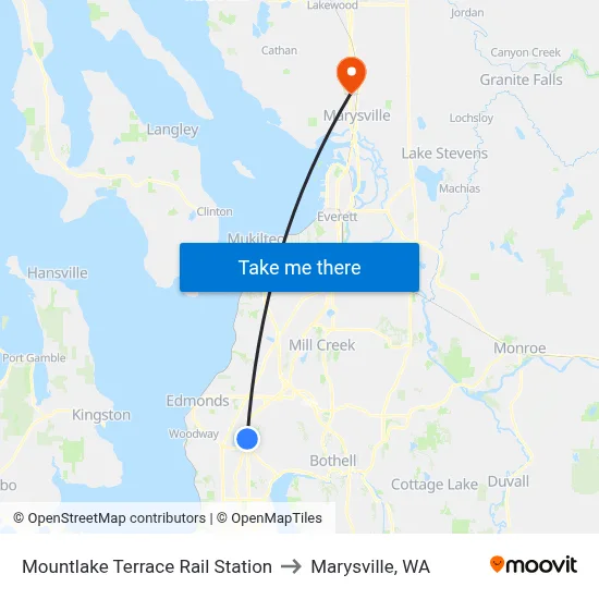 Mountlake Terrace Rail Station to Marysville, WA map
