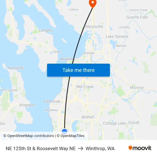 NE 125th St & Roosevelt Way NE to Winthrop, WA map