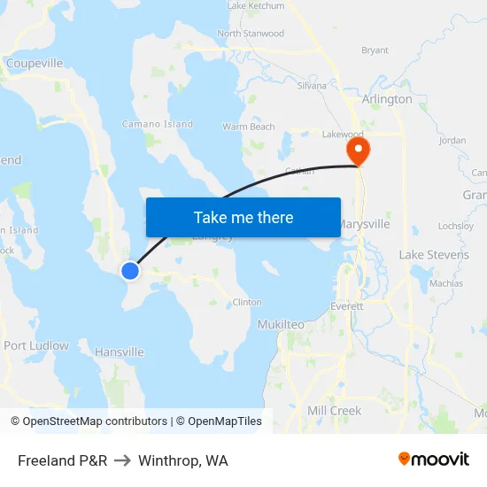 Freeland P&R to Winthrop, WA map
