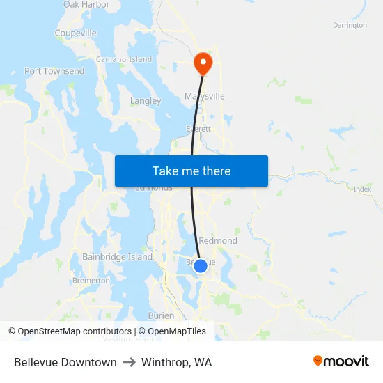 Bellevue Downtown to Winthrop, WA map