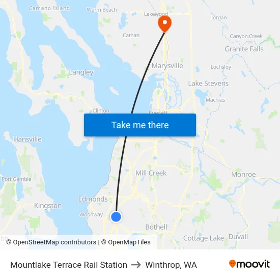 Mountlake Terrace Rail Station to Winthrop, WA map