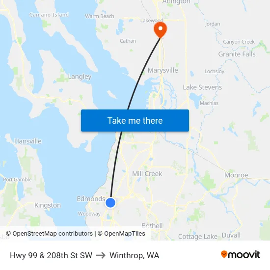 Hwy 99 & 208th St SW to Winthrop, WA map