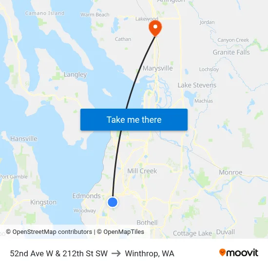 52nd Ave W & 212th St SW to Winthrop, WA map