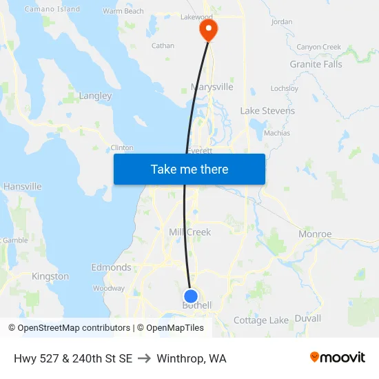 Hwy 527 & 240th St SE to Winthrop, WA map