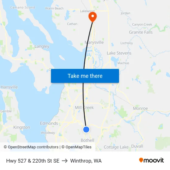 Hwy 527 & 220th St SE to Winthrop, WA map