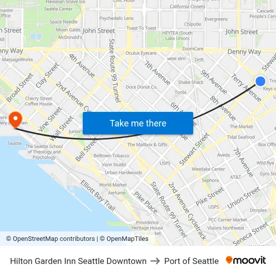Hilton Garden Inn Seattle Downtown, 1821 Boren Ave to Port of Seattle map