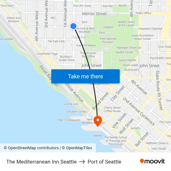 The Mediterranean Inn Seattle to Port of Seattle map