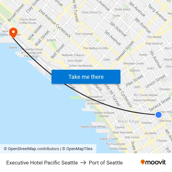 Executive Hotel Pacific Seattle to Port of Seattle map