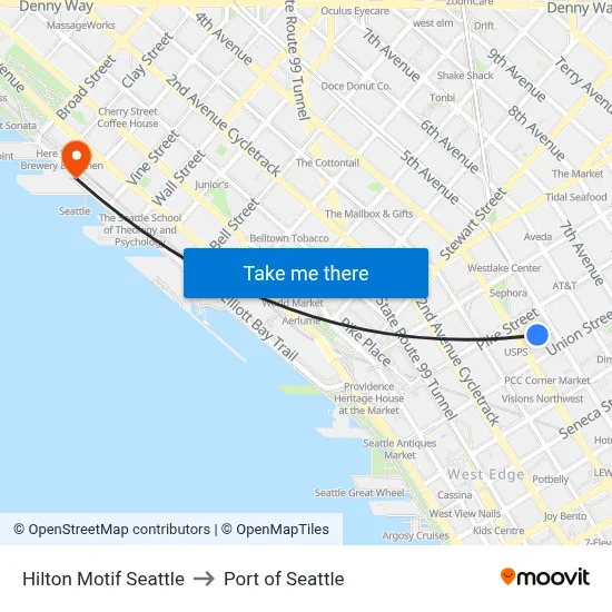 Hilton Motif Seattle to Port of Seattle map