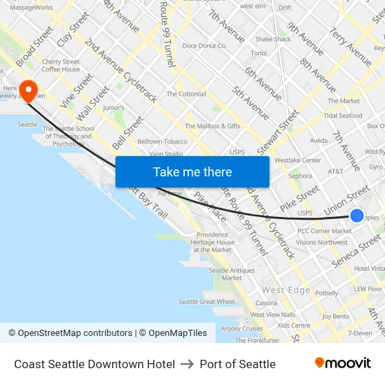 Coast Seattle Downtown Hotel to Port of Seattle map