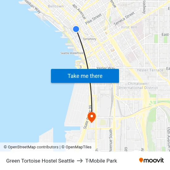 Green Tortoise Hostel Seattle to T-Mobile Park map