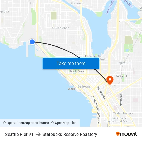 Seattle Pier 91 to Starbucks Reserve Roastery map
