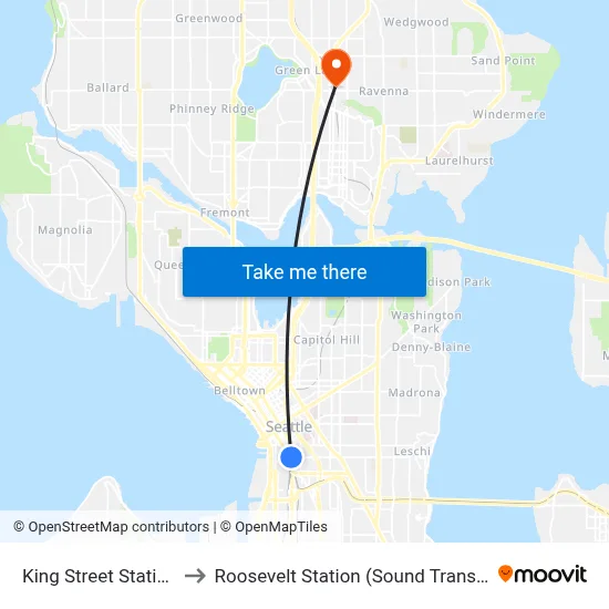 King Street Station to Roosevelt Station (Sound Transit) map